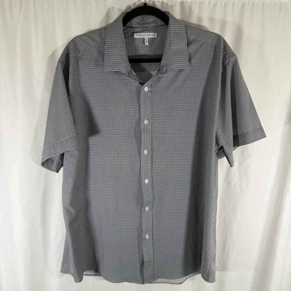 Vince Camuto Shirt Size XL White Black Print Short Sleeve Button Up Lightweight